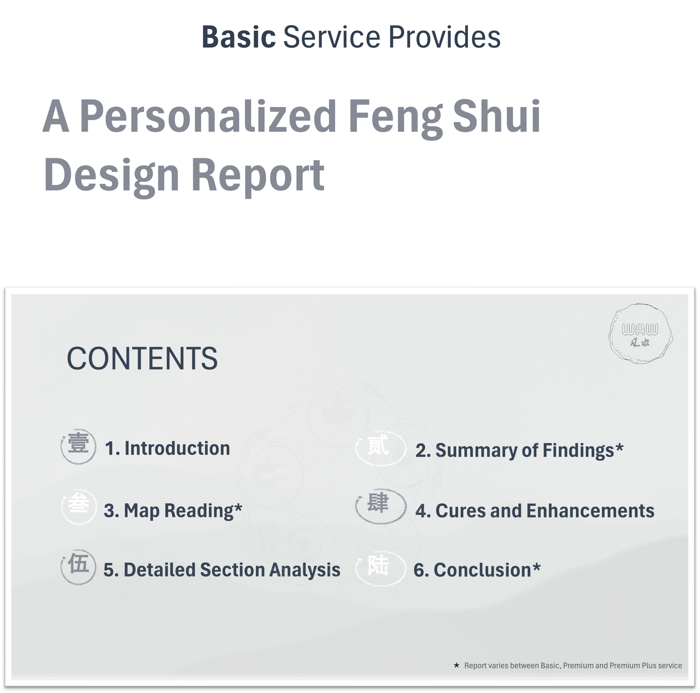 Basic size-based service provided: Tailored Feng Shui reports for optimizing entire home.