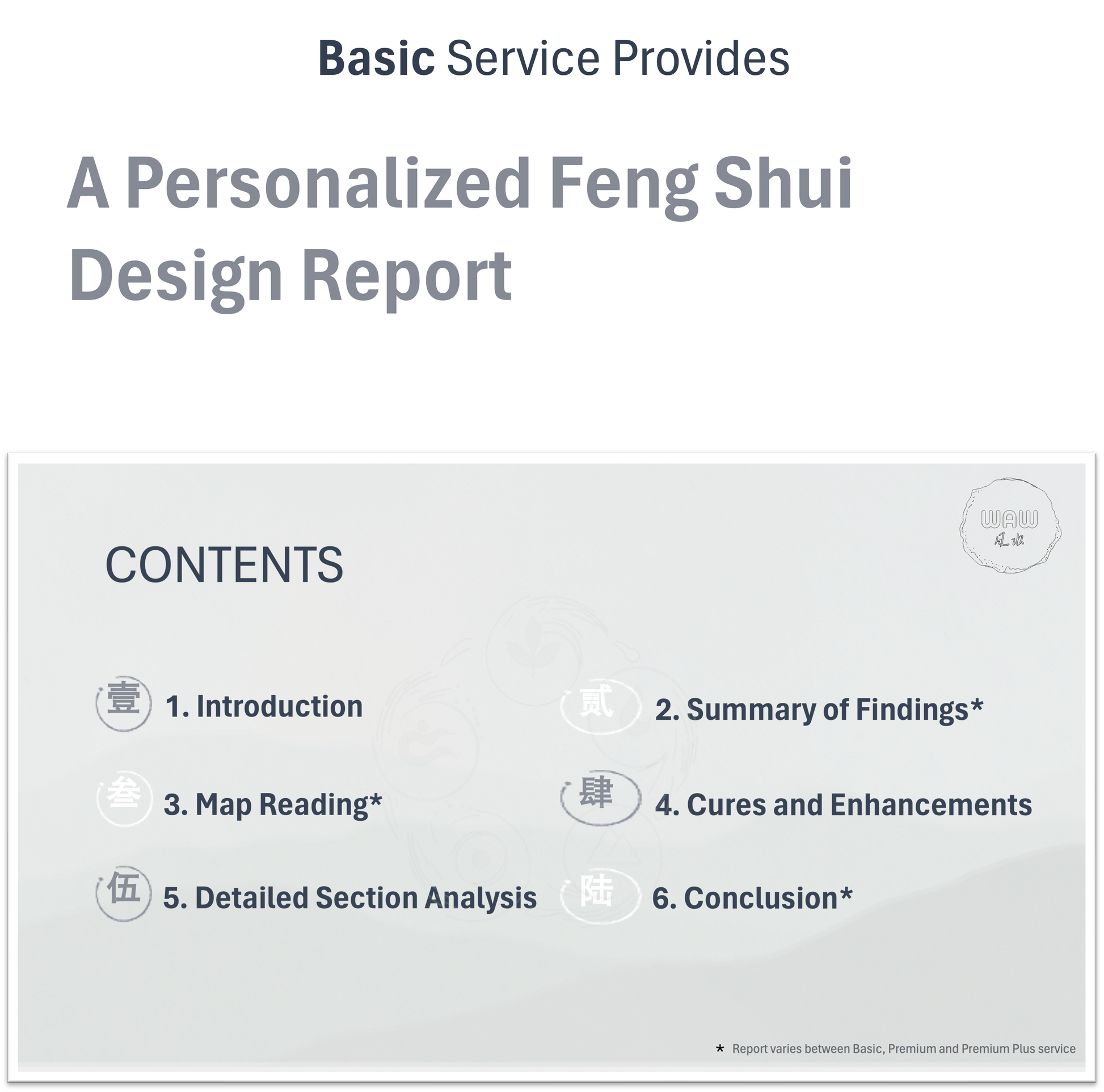 Basic size-based service provided: Tailored Feng Shui reports for optimizing entire home.