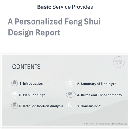 Basic size-based service provided: Tailored Feng Shui reports for optimizing entire home.