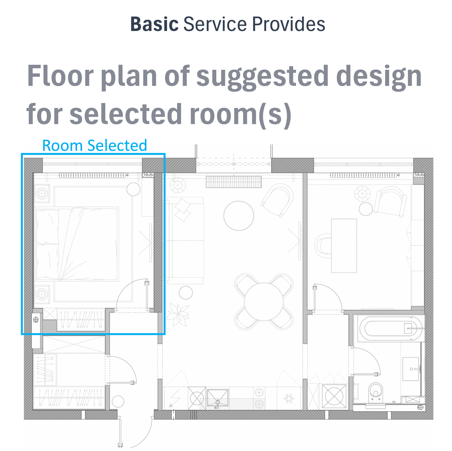 Floor plan of suggested design for selected rooms