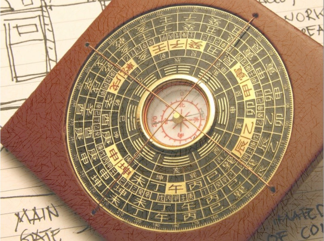 Traditional Feng Shui compass (Luo Pan) with detailed markings for energy alignment and directional guidance.